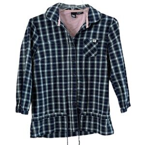 DC Women’s Plaid Shirt Cinch Tie At Bottom Size L Collar Button Down Pocket